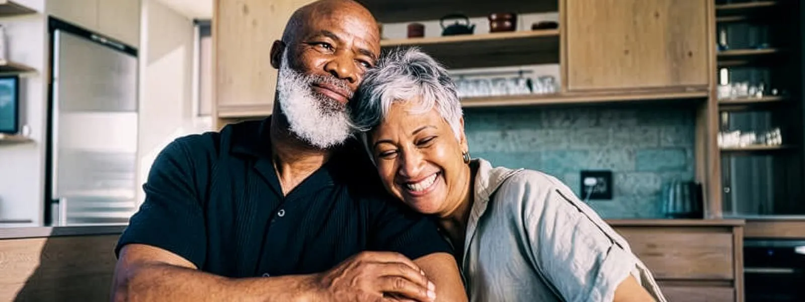 Older couple showing affection and laughter in kitchen
