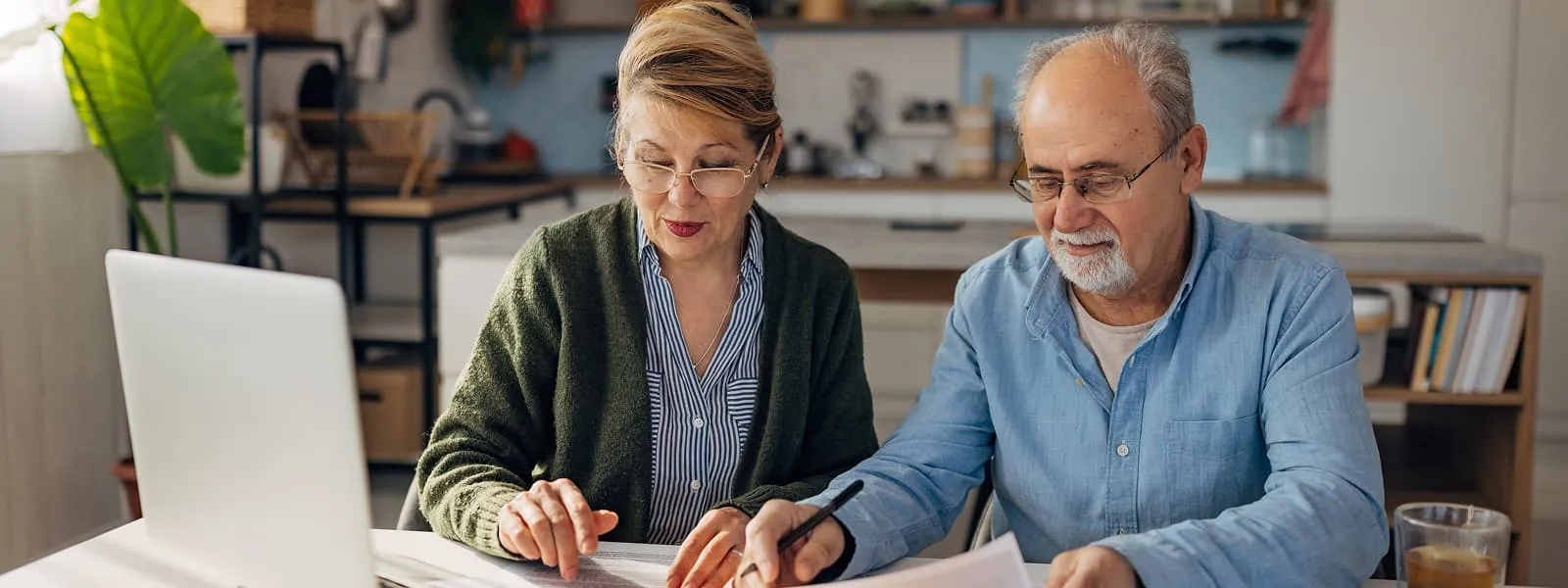 Older couple sitting at the table looking at a computer together