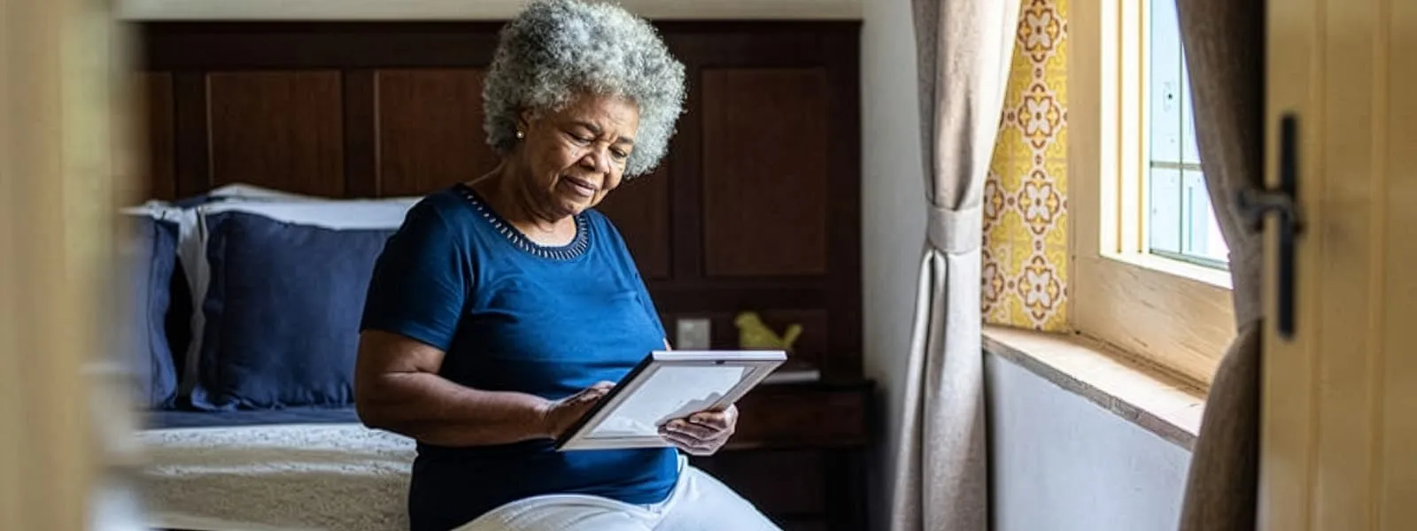 A senior widow remembers her spouse, grateful that she has whole life insurance coverage.