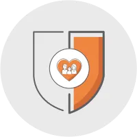 An illustration of a shield with an orange section and a circle in the center showing a family inside a heart, symbolizing family protection and security.