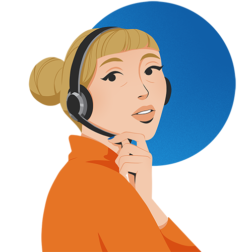 An illustration of a woman wearing a headset with a microphone and looking back over her shoulder.
