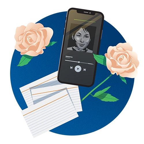 An illustration of a smartphone showing a person on a video call, with notecards and two roses lying next to it.