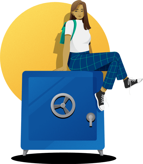 An illustration of a person wearing a backpack, jeans, and sneakers while sitting on top of a large, old-fashioned style safe.
