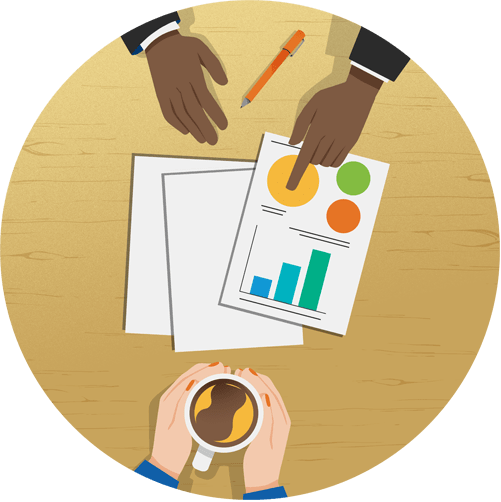 An illustration showing only the hands of two people sitting opposite each other at a desk, as seen from above. One person’s hands hold a cup of coffee. The other is pointing to a chart on some papers between them. 