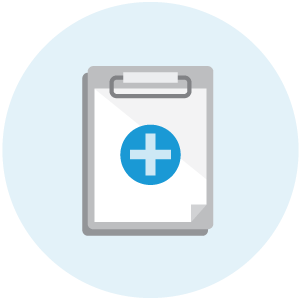 illustration of a clipboard on a light blue background with a medical plus sign in light blue on a dark blue circle in the middle of it