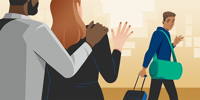 An illustration shows a college student carrying a duffel bag and pulling a suitcase as they wave goodbye to their parents.