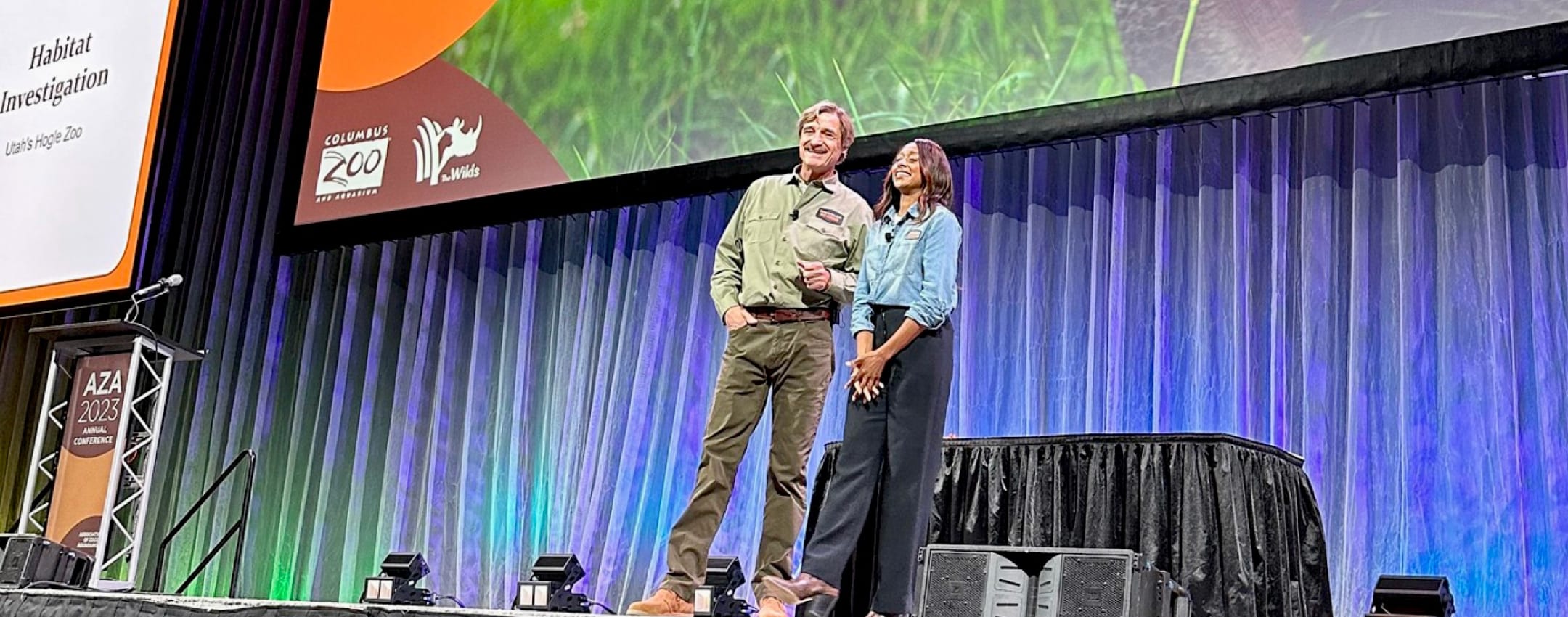 Wild Kingdom hosts sharing the stage: Peter Gros and Dr. Rae Wynn-Grant