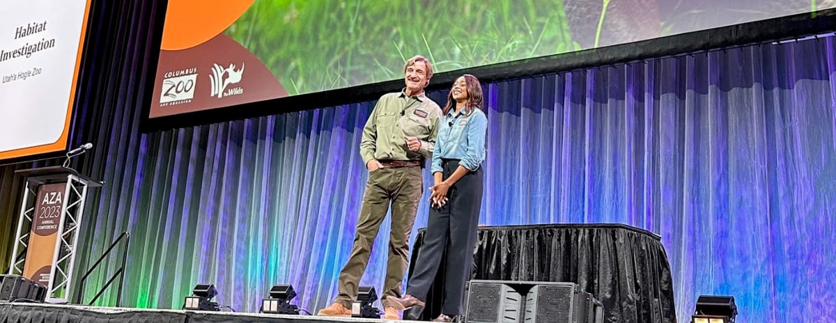Wild Kingdom hosts sharing the stage: Peter Gros and Dr. Rae Wynn-Grant