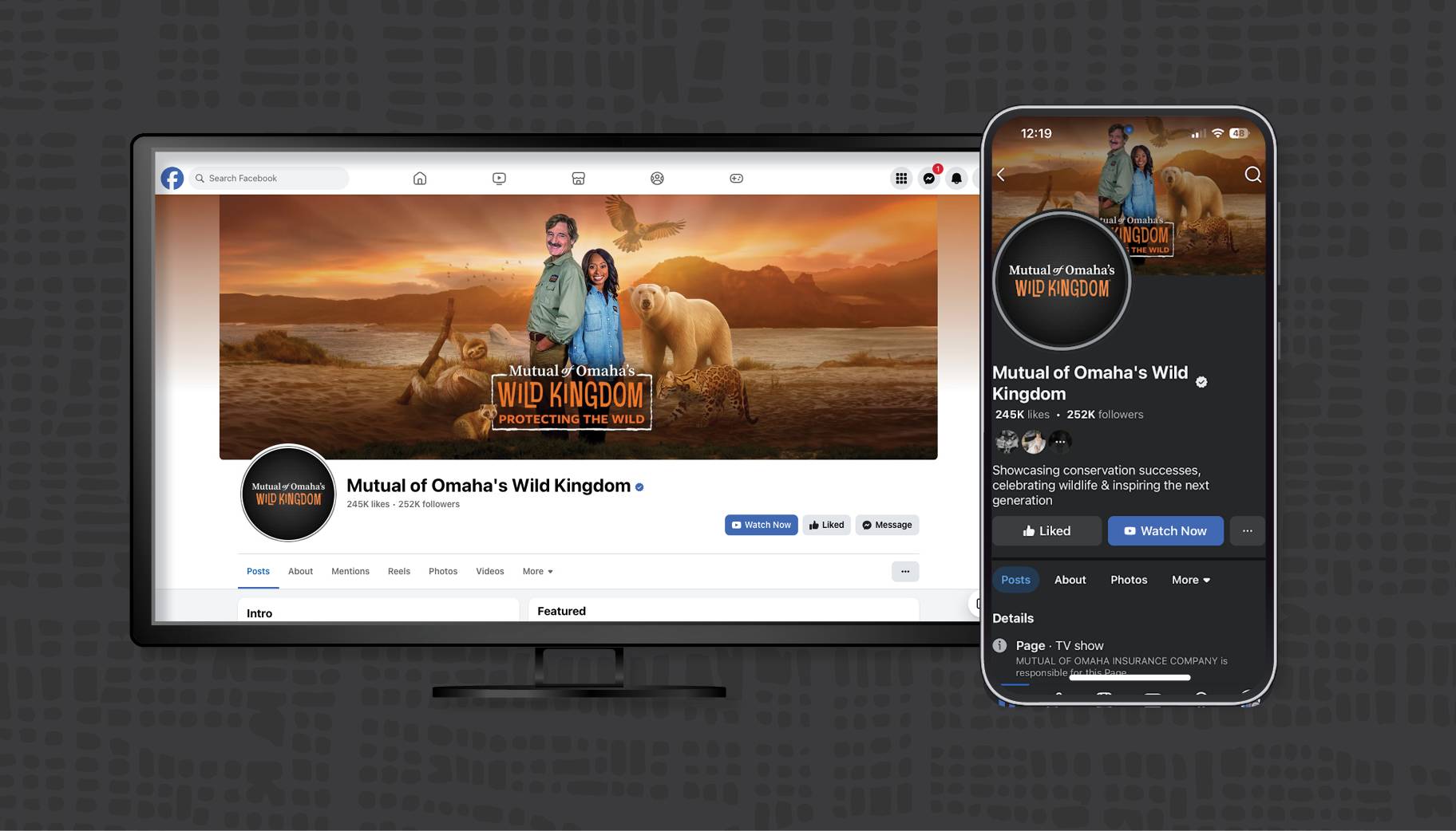 Screenshots of Wild Kingdom’s TV channel pages on YouTube and Facebook, shown on a laptop and smartphone.