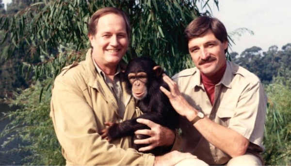 Publicity photo of hosts with chimp. Fowler and Gros launch ‘Mutual of Omaha’s Spirit of Adventure’ on ABC, 1987.