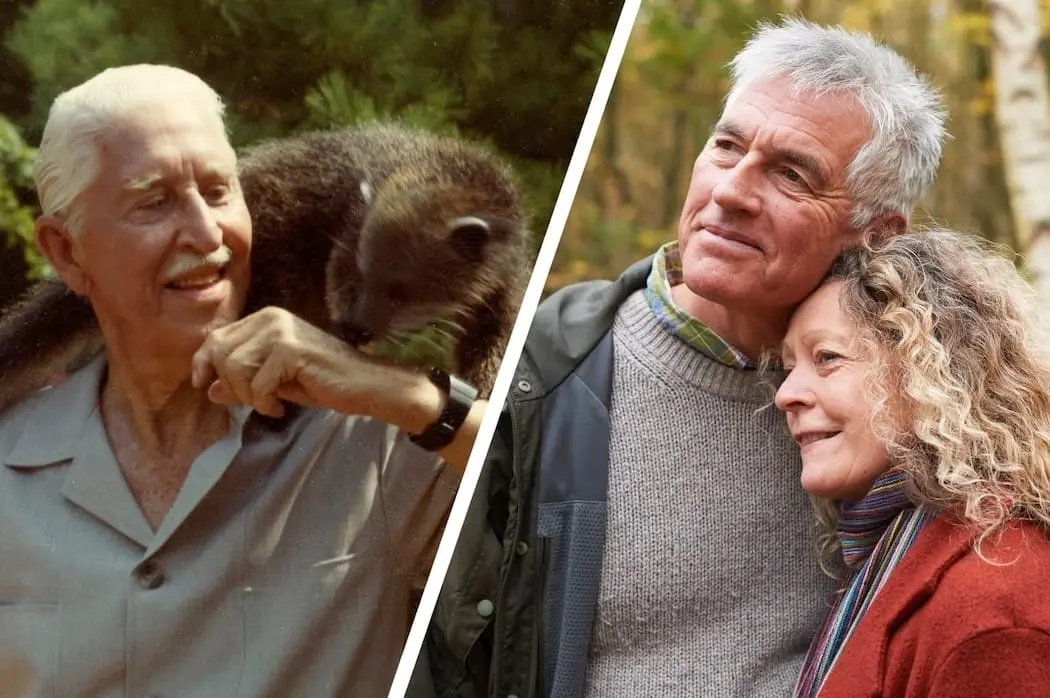 Split image showing, on the left, Marlin Perkins, the longtime host of Wild Kingdom, outdoors with a small animal perched on his shoulder, and on the right, an older couple standing close together in a wooded setting.