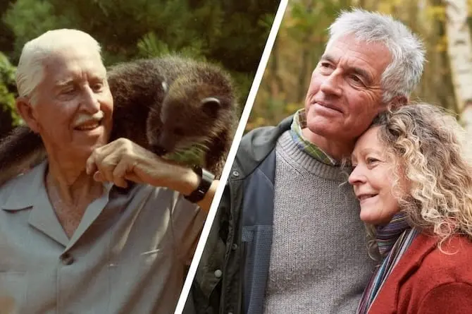 Split image showing, on the left, Marlin Perkins, the longtime host of Wild Kingdom, outdoors with a small animal perched on his shoulder, and on the right, an older couple standing close together in a wooded setting.