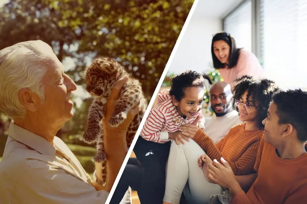 Split image showing, on the left, Marlin Perkins, the longtime host of Wild Kingdom, holding a leopard cub outdoors, and on the right, a family gathered together indoors, interacting closely in a bright living room.